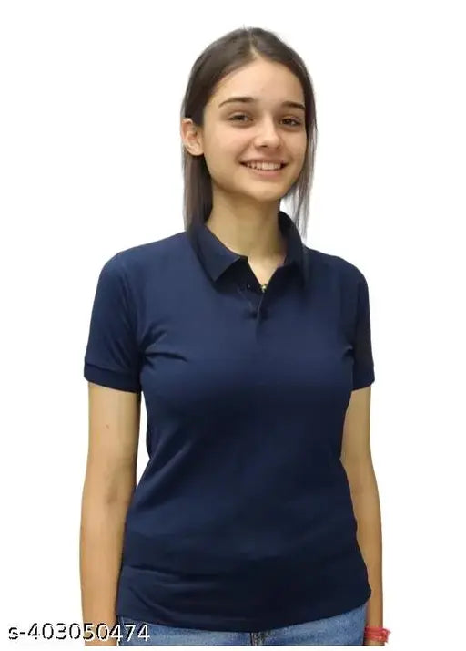 Navy blue limited style collar T-shirts, premium quality cotton, women & girls' solid design
