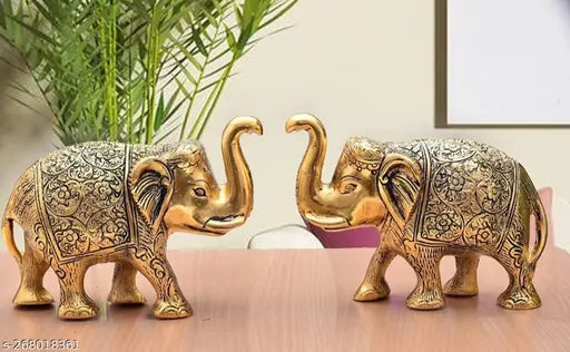 Medium size, golden elephants, decorative showpieces, religious gift, good luck statue, crafted metal, home office table
