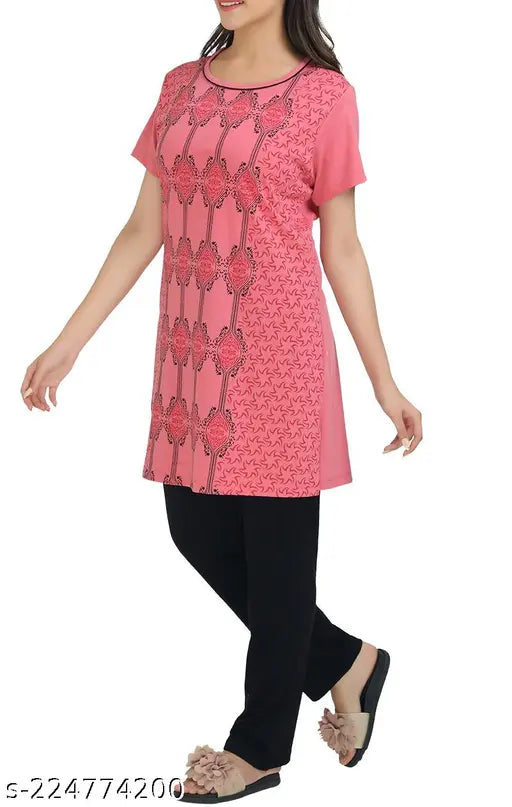 Multicolor printed cotton top & pyjama set for ladies, stylish sleepwear with graphic print and pockets, comfortable nightwear for lounging or leisure