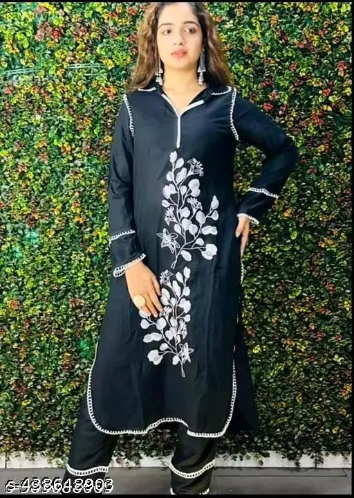 Black rayon kurti with pants, printed long-sleeve embroidered Indian attire
