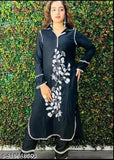 Black rayon kurti with pants, printed long-sleeve embroidered Indian attire