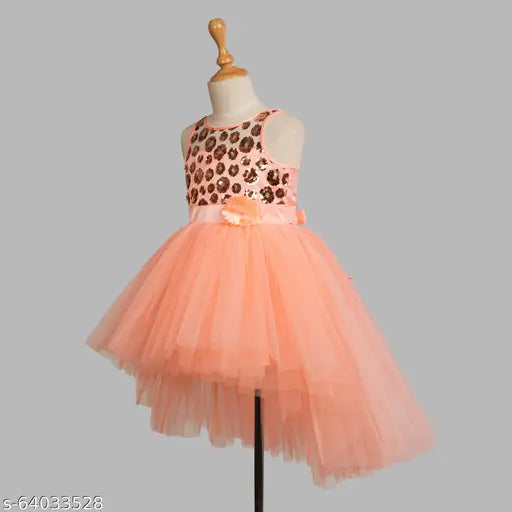Peach net hi-low dress, embellished for girls' party wear, size 10-11 years (India origin)