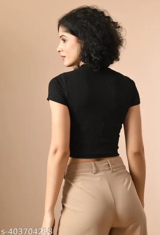 Black cotton blend women's round neck sparkle T-shirt, short sleeves, solid design, versatile for gym, gatherings, and parties, breathable, washable, lightweight, made in India