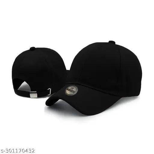 Adjustable black cap with a design on the front, possibly featuring a brand or logo