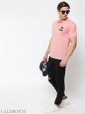 Light pink cotton blend men's collar neck half sleeve t-shirt with printed pattern, suitable for M, L, or XXL sizes