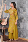 Embroidered net rayon Fancy Women Kurta Set with palazzos, three-quarter sleeves, size 7XL, India origin
