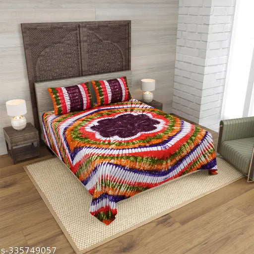Jaipuri Multi Color Tie And Dye Pure Cotton King Size Bedsheet Color 100% Fast