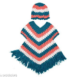 Handcrafted woolen striped poncho & cap combo for girl kid, soft yarn, crochet-knit, winter wear