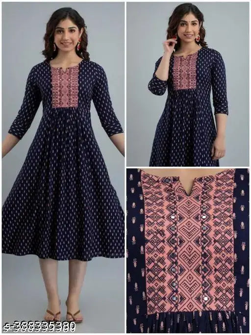 Rayon printed and embroidered kurti, trendy three-quarter sleeves, Indian casual or wedding wear