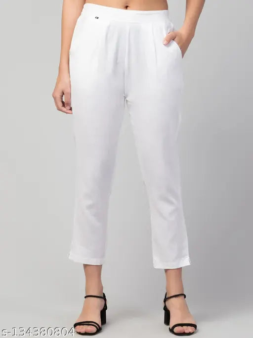 White cotton regular fit casual women's trousers with double pockets