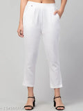White cotton regular fit casual women's trousers with double pockets