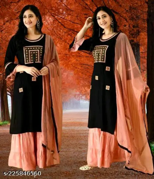 Rayon embroidery kurtis set for girls and women, three-quarter sleeve rayon chiffon kurta with dupatta and sharara bottomwear, embroidered Indian ethnic wear for S to 4XL sizes