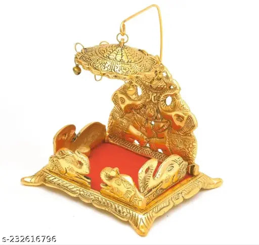 Metal Krishna Sihasan, antique finish, traditional home temple (Height: 18 cm)