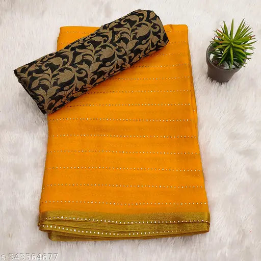 Yellow Georgette saree with separate Italian silk blouse piece, gold foil embellished, trending for festive occasions like Diwali and Durga Puja