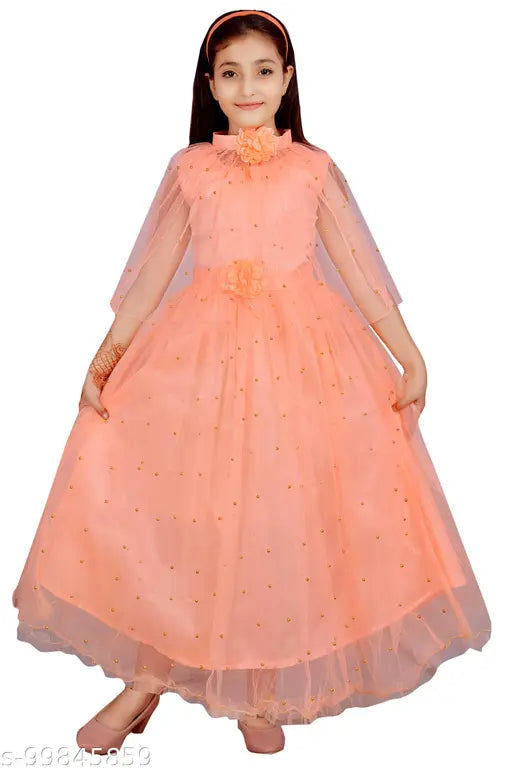 Modern stylus girls gown, embroidered net, three-quarter sleeve party wear for children, size 3-14 years, India origin