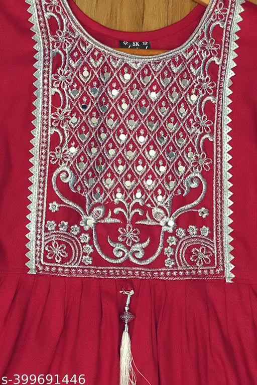 Embroidered maroon rayon kurta pajama set with computer embroidery, three-quarter sleeves, suitable for ages 3-4 to 9-10 years