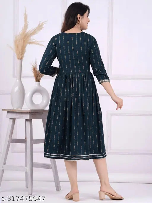 Printed gawan, navy blue with geometric designs, long sleeves, embroidered borders