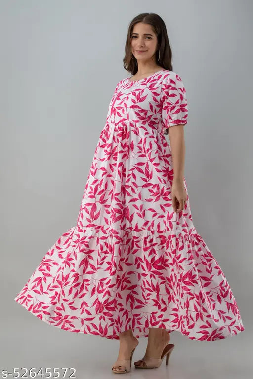 Pink floral midi dress with long sleeves and a V-neck