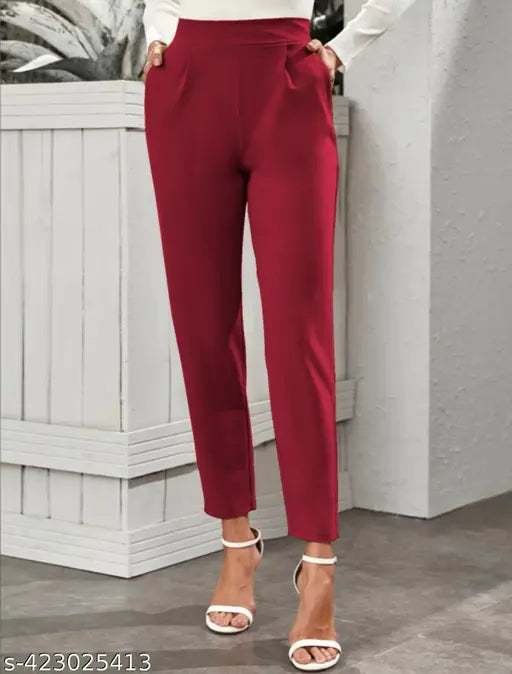 Maroon polyester blend narrow trousers with side pockets, 2 side pockets, mid waist, for casual wear