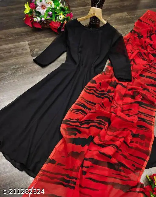 Trandy black georgette long-sleeved solid gown with dupatta, Indian evening formal or bridal wear
