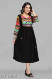 Black printed rayon Anarkali Kurta with three-quarter sleeves, fashionable women's regular clothing from RIYA FASHIONS, India