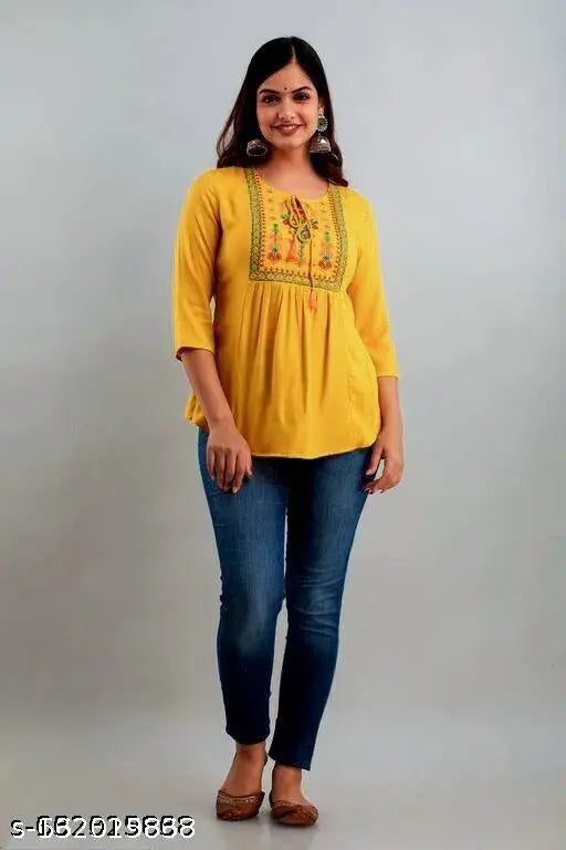 Mustard rayon embroidered regular fit top, long sleeves on hanger, Georgette fabric - Indian women's blouse