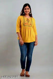 Mustard rayon embroidered regular fit top, long sleeves on hanger, Georgette fabric - Indian women's blouse