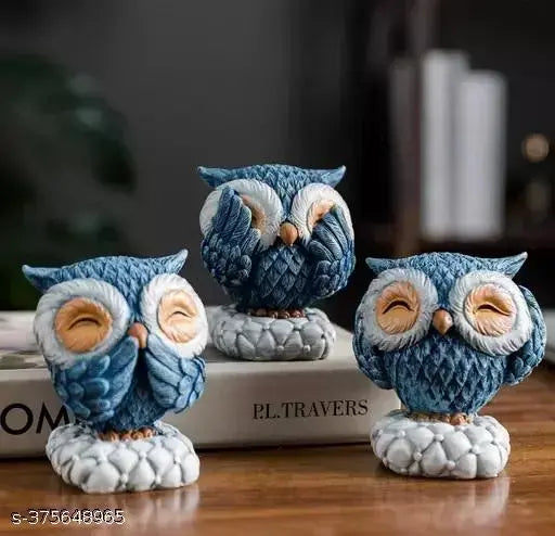 Blue resin owl figurine set (3pc), unique home decor, perfect for shelf displays