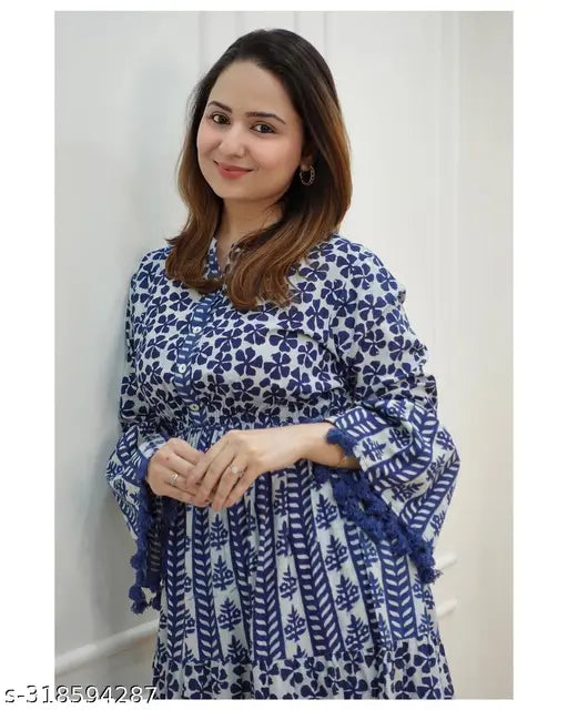Blue rayon anarkali kurti with printed combo, long sleeves, M-XL sizes
