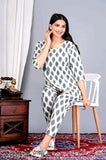 Black cotton printed night suit top & pyjama coord set, featuring three-quarter sleeves, breathable, stylish, comfortable, India origin