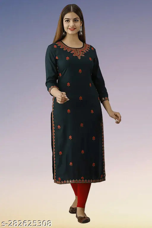 Dark green rayon embroidered kurta with three-quarter sleeves, solid design on Indian model