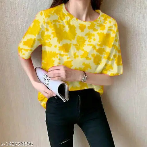 Women's oversized t-shirt, bright yellow with tie dye pattern, casual wear