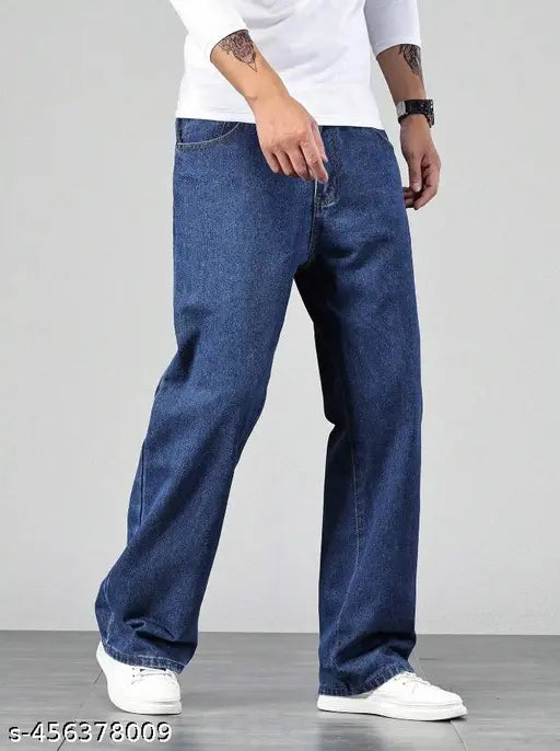 Denim Baggy jeans loose fit, oversized, relaxed fit pants. Vintage-inspired, urban style, casual bottoms. Men's denim trousers with wide legs, roomy fit. Sizes: 28 (Waist 28, Length 42, Hip 38), 30 (Waist 30, Length 42, Hip 40), 32 (Waist 32, Length 42, Hip 42), 34 (Waist 34, Length 42, Hip 44). Made in India