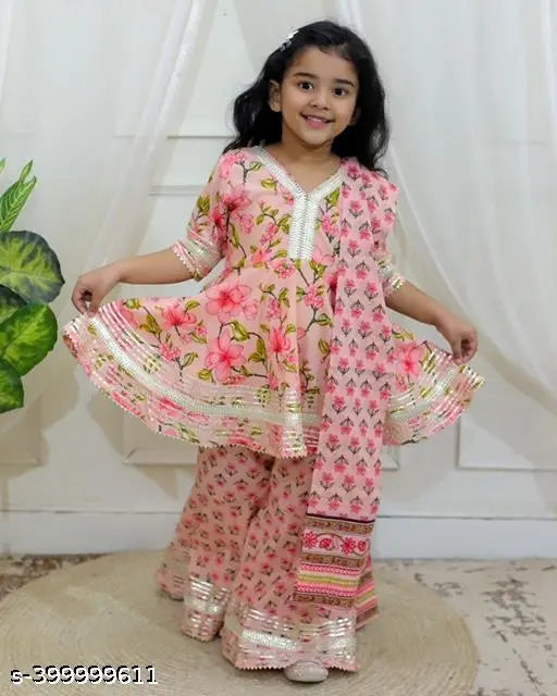 Cotton sharara set with mulmul dupatta, printed design for kids aged 2-3 years (size: 24in bust, 20in length, 17in waist, 22in length)
