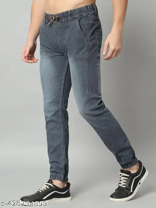 Classic grey stretch jogger jeans for men, denim with monkey wash shade, size 26 (waist 28", length 39", hip 34")