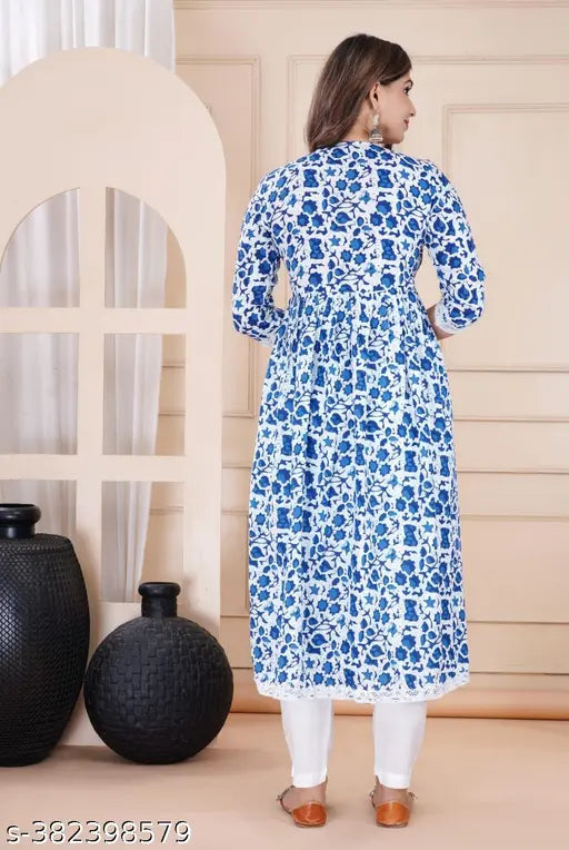 Women's Blue Floral Printed Anarkali Kurta & Palazzos with Embellished V-Neck & 3/4 Sleeves, Rayon Fabric