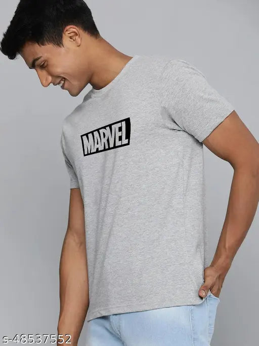 Organic grey men's Marvel printed cotton T-shirt with short sleeves and round neck, featuring graphic design for gym wear