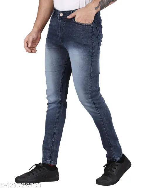 Mens stylish blue denim jeans with belt loops and front pocket, black color
