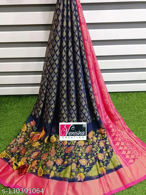 Golden Brasso Peacock2 Chiffon Saree & Running Blouse, intricately woven zari pattern, 6.30m, Indian origin