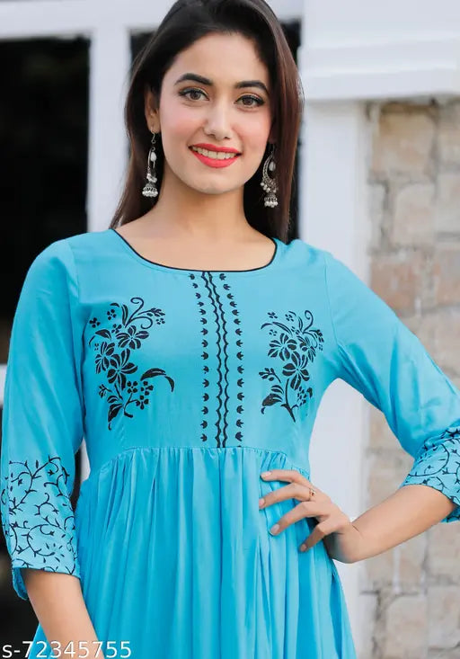 Rayon hand block printed kurti with three-quarter sleeves, colorful Indian traditional wear