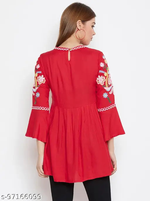Red embroidered rayon tunic for women, size S to XXL, Indian origin