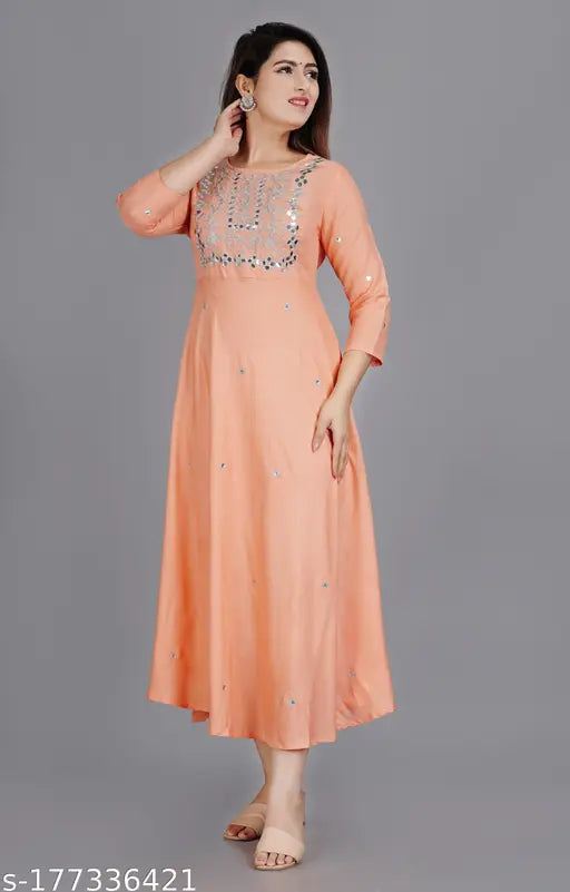 Embroidered rayon anarkali kurta, three-quarter sleeves, Indian embellished fashion, single sizes available