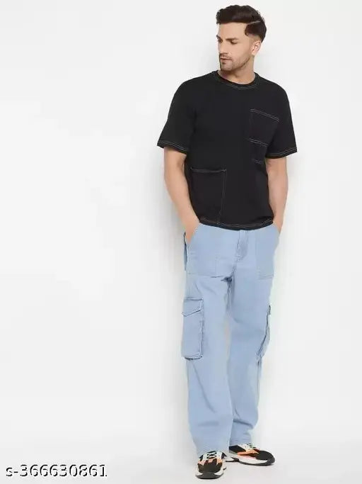 Light blue denim Lahaba men's cargo jeans with baggy pockets, size 28 or 30, India-origin