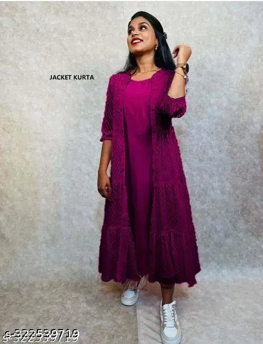 Georgette fabric Zikzak woven jacket Kurta - Indian-made, three-quarter sleeve, Georgette woven design, affordable quality, daily wear & occasion suitable