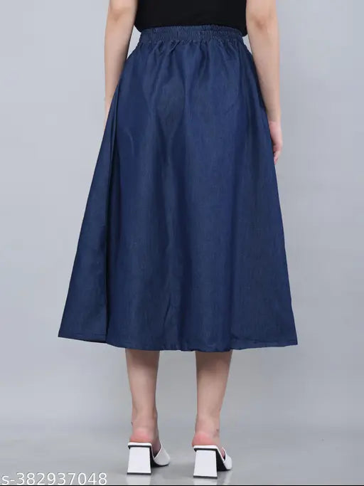 Below the knee length denim A-line skirt by Codaisy, versatile and comfortable solid blue denim for plus size women