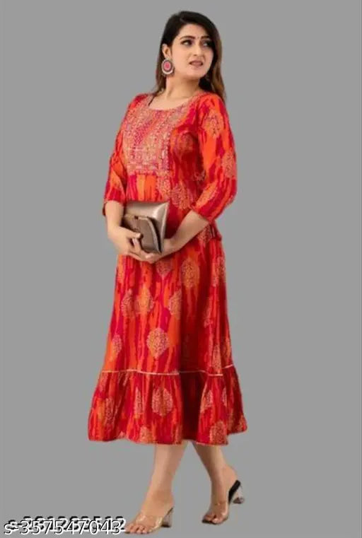 Long embroidered anarkali kurta, red with floral embroidery