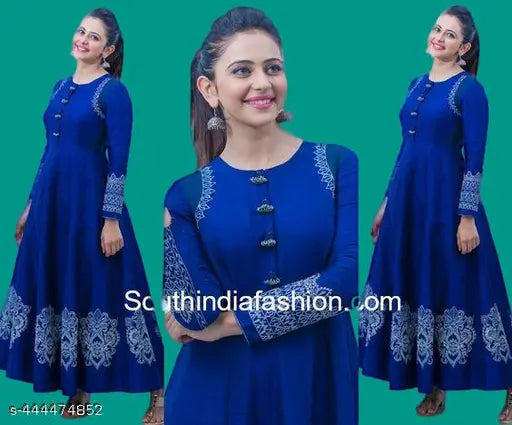 Royal blue rayon Anarkali gown with Rakul Preet Singh print, long sleeves, vibrant Indian fashion