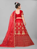 Velvet Red Semi-Stitched Baby Girls Lehenga Choli & Dupatta with Embroidery, Indian Festival Wedding Wear for 3-12 Years