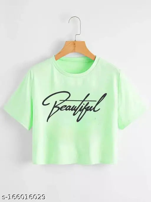 Green cotton blend graphic print crop top for girls, casual and stylish fashion for young ladies with short sleeves and printed design