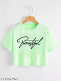 Green cotton blend graphic print crop top for girls, casual and stylish fashion for young ladies with short sleeves and printed design